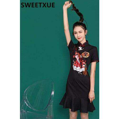 SWEETXUE 2021 Black Girl Modern Daily Cheongsam Student Retro Womens Dress Chinese Style Summer Mini Dress