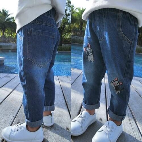 Girls boys Jeans autumn 2018 childrens clothing wild cartoon cat embroidery casual jeans Cotton Soft trousers baby Denim pants