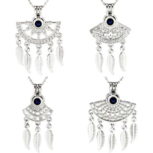 Ethnic Filigree Sector Leaf Tassel Beads Cage Pendant Essential Oil Diffuser Aroma Pearl Cage Locket Necklace