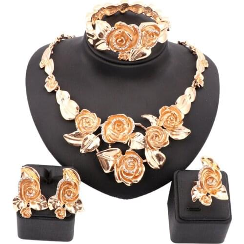 Hot Sale Nigerian Beads Wedding Jewelry Set Bridal Dubai Gold Color Crystal Flower Jewelry Sets African Beads Jewelry Set