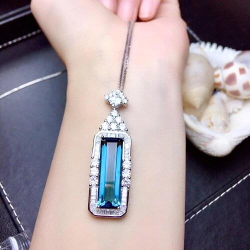 Exquisite atmosphere. 925 Pure Silver Natural Topaz Necklace, Large Gemstone, Dark Blue, New Lady Necklace