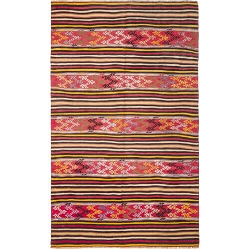 Red and Yellow Accent Rug, 4x8 Bright Wool Kilim Rug, Decorative Red Rug, Yellow Stripes Boho Area Rug, Handmade Decorative Rug