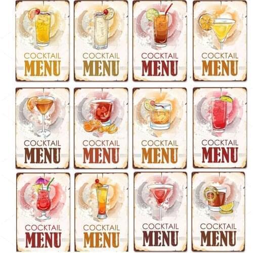 Cocktail Menu Metal Sign Cartoon Vintage Tin Sign Kitchen Bar Pub Metal Poster Indoor Wall Art Decorative Painting Retro Plaque