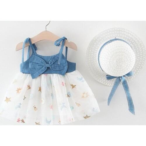 Sweet Baby Girl Summer Sets Clothes Straps Tulle Embroidery Dress with Bow+Sunhat Holiday Toddler Baby Girl Beach Outfits 0-3Y