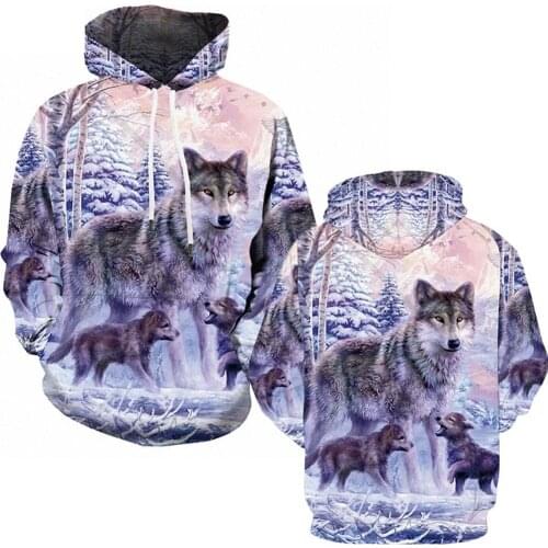Men 3D Wolf Print Long Sleeve Drawstring Hooded Sweatshirt Pullover Hoodie