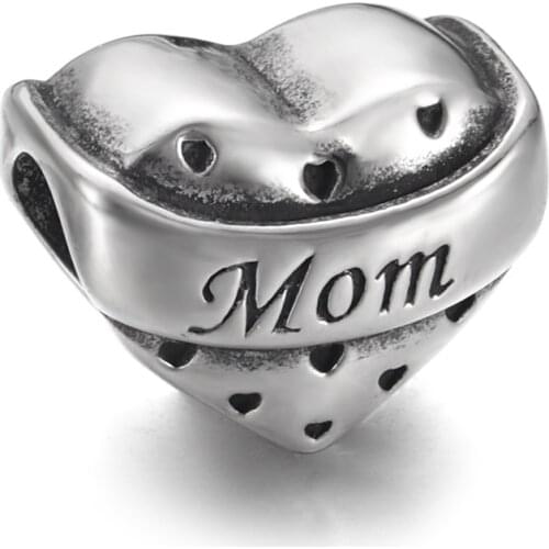 Stainless Steel Heart MOM Bead Polished 5.5mm Hole Metal European Beads Bracelet Charms for DIY Jewelry Making Accessories