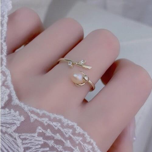 Delicate Jewelry 14K Gold Plated Adjustable Pink Freshwater Pearl Rings for Women Simple Style Cubic Zircon Flower Rings