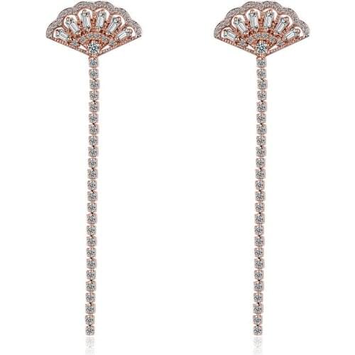 New Trendy Shiny Cubic Zirconia Fan-shaped 925 Sterling Silver Female Long Tassel Stud Earrings Jewelry For Women No Fade Gift
