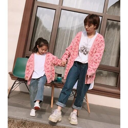2021 Autumn Parent-Child Outfit Lerpard Print Long Sleeve Cardigans Mother And Daughter Open Stitch Cardigans Clothes