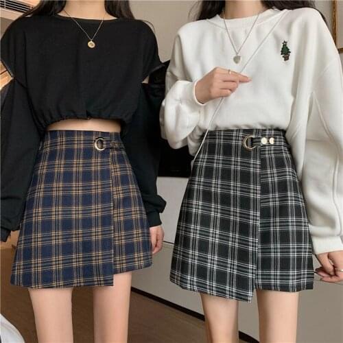 Autumn Summer Korean New Irregular High-Waisted Thin A-Line Lattice Package Hip Half-Length Skirt Female Popular Plaid Skirt
