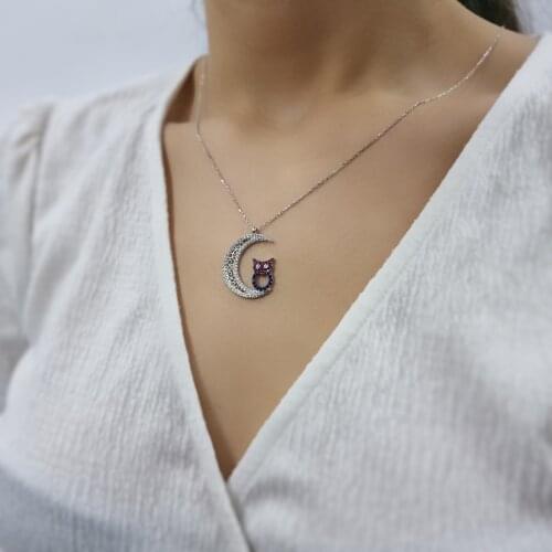 Owl on the Moon 925 Sterling Silver, Gold, Rose Plated Necklace For Women Girls Handmade Fashion Jewelry Elegant Minimalist