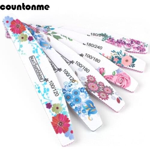 6Pcs Emery Board Nail file Washable File 100/120/180/240 Grit Half Moon Nail Buffer Sanding Block Flower Printed Nail Care Tool