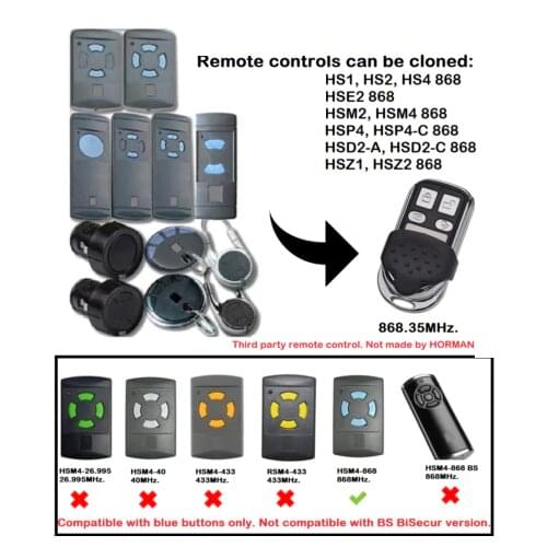 Hormann HSM2 HSM4 HSP4, HSP4-C HSZ1 HSZ2 Blue Button Remote Control 868,3MHz, Clone remote control Duplicator