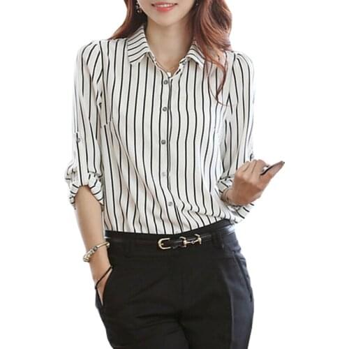 Striped shirt Chiffon Women Blouse Business 2019 New Casual Womens brand Long Sleeved Shirt Slim Excellent Quality large S-4XL
