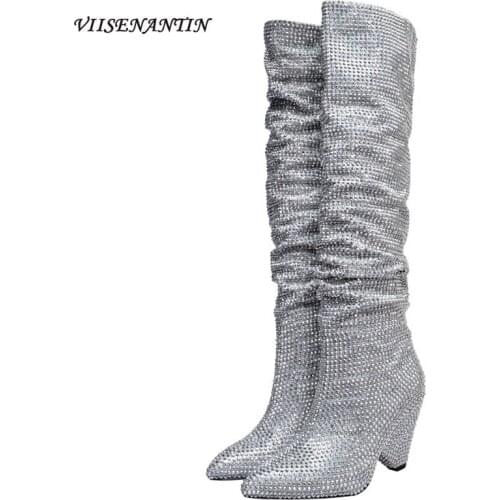 New Full Rhinestone Silver Pointed Toe Flock Sexy Knee-high Boots Thick High Heel Bling Crystal Autumn Designer Shoes for Women