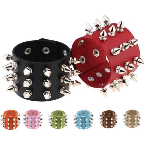 Punk Gothic Rock Cuspidal Spikes Rivet Cone Stud Wide Leather Cuff Bracelet Charm Bangle Fashion Unisex Jewelry