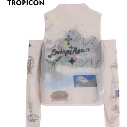 TROPICON Off The Shoulder Mesh Top Long Sleeve Tees Print Tshirt See Through T Shrit Ladies Fashion Top Bodycon Desinger Clothes