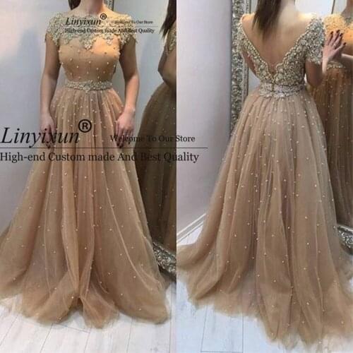 Champagne 2021 Evening Dresses With Short Sleeves Crystal Pearls Deep V Back Formal Gowns For Wedding Party Vestido De Festa