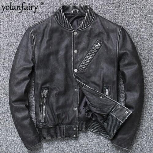 Vintage Genuine Leather Jacket Men Grey Cow Coat Motorcycle Biker Mens Leather Jacket Spring Autumn Chaqueta Cuero Hombre Y13