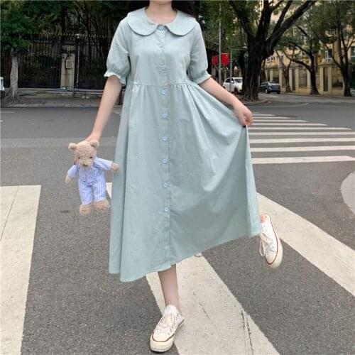 Japanese Doll Collar Dress Female Summer Loose Sweet Korean Mori Series Student Midi Dresses Women Single Breasted Shirt Dress