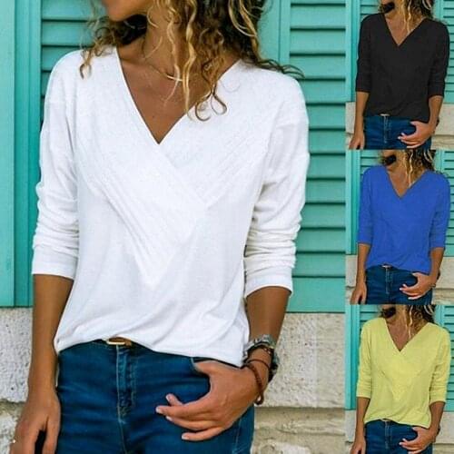 Long-sleeved womens blouse European and American slim slimming mid-length V-neck T-shirt solid color new autumn 2021