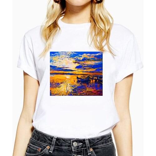 Womens T-shirt with Funny Print Water Summer Fashion Plus Size Cartoon Oil Painting Harajuku Round Neck Female T-shirt Sky