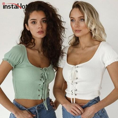 InstaHot Lace Up Ruffle Puff Sleeve Short T Shirt Slim Crop Top Summer 2021 Women Casual Streetwear Bandage Square Collar T Shir