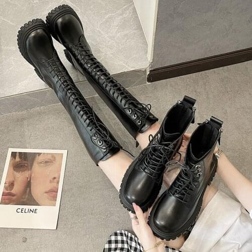 2021 Platform Women Boots Black Long Boots Fashion Autumn Outdoor Motorcycle Non-slip Waterproof Combat Female Booties