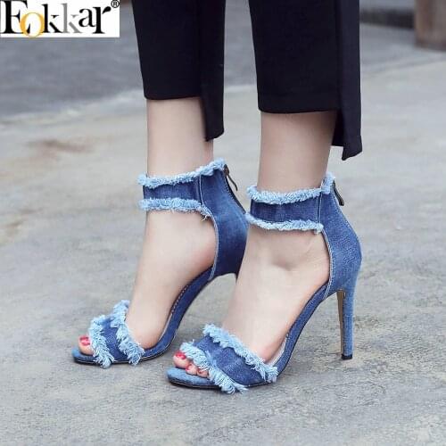 Eokkar 2019 Summer Denim Square High Heels 10cm Women Sandals Pumps Round Toe Ankle Zipper Bule Shoes Women Casual Size 34-43