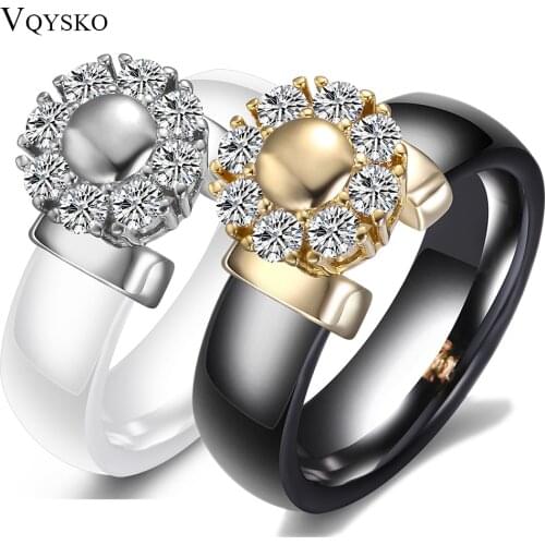 Black&White Ceramic Rings For Women Cubic Zircon Stainless Steel Engagement Wedding Rings Elegant Love Rings Ceramic Jewelry