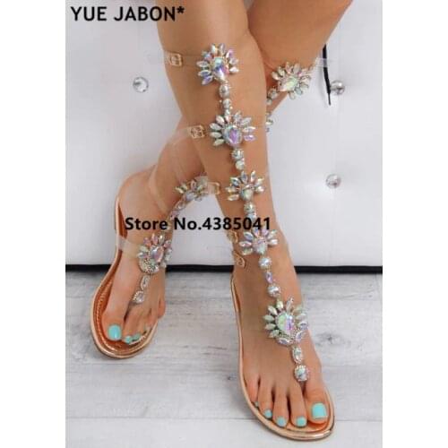 YUE JABON Trendy Design Buckle Straps Flat Heel Sandals Gold Woman Knee High Gladiator Sandal Boot Bohemia Crystal Beach Shoes
