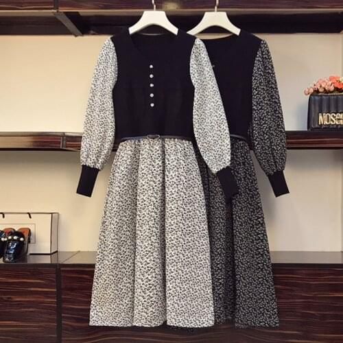 Plus size women floral print patchwok knitted dresses women autumn vintage long sleeve dresses women elegant vestidos with belt