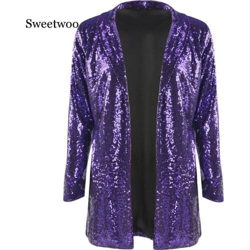 Sweetwoo Women Blazers Autumn Blazer Pockets Casual Long Sleeve Silver Sequined Coats Street Turn-down Collar Cardigan Suits