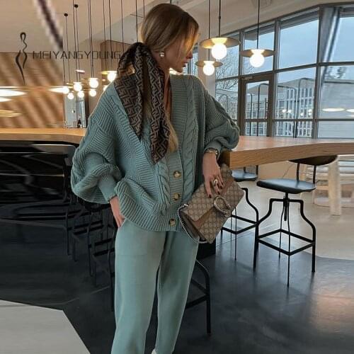 MEIYANGYOUNG Womens Knitting Suit Two Piece Set Cardigan Sweater High Waist Pants Casual Tracksuit Woman Winter Female Suits