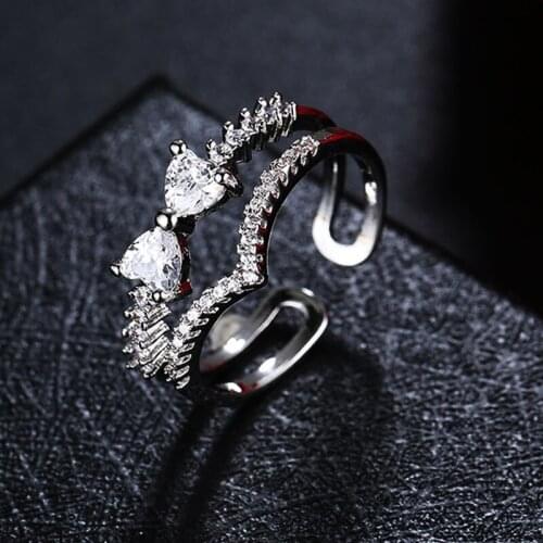 2021 New Open Fashion Heart Ring Jewelry Bowknot AAA Zircon Simple Style Sweet Super Shine Silver Color Rings for Women Gift