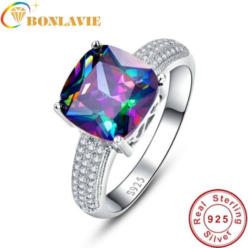 JQUEEN 925 Sterling Silver Ring Gem Stone 7.3ct Genuine Rainbow Fire Mystic Topaz Ring Pure Solid Wedding Band Rings for women