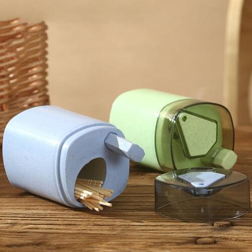 Wheat Straw Toothpick Can Simple Press Toothpick Boxes Automatic Toothpick Holder Container for Home Blue/Green/Pink/Grey