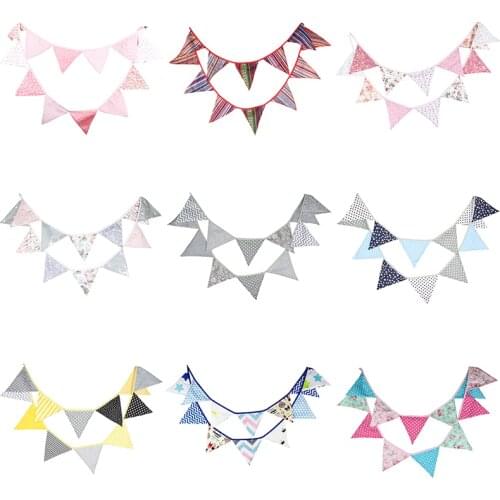 12 Flags 3.2m Double-side 10pcs Printed Bunting Pennant Cotton Fabric Flag Banner Golden Garland New Year Party Supplies