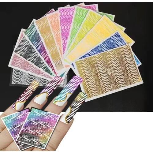 12pcs/Kits Laser Holo Hollow -Out Nail Sticker Manicure Colorful 3D Patch Rainbow Hollow Decals