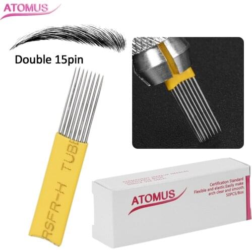 50pcs Double 15pin Micro Needling Needles Agujas Microblading Micro Shading Microblading Naald Tebore Lamina Eyebrow Embroidery