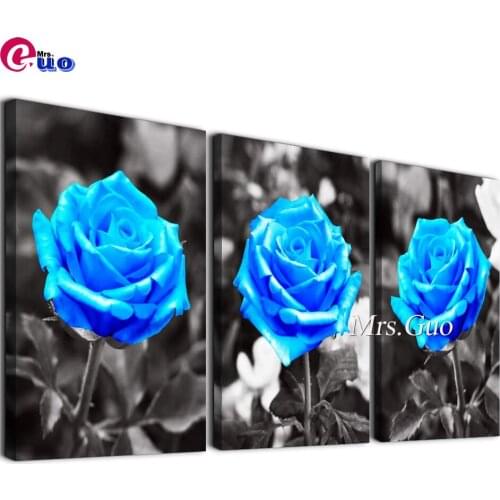 5D DIY Diamond Embroidery Black and White Full Square Round Diamond Painting Triptych Blue Rose Picture Of Rhinestones Gift