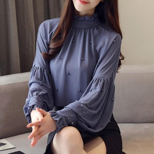 Spring Fall Korean Women Purple Long Sleeve Pearls Beading Top Blouse , Womens Ladies Ruffles Stand Collar Tops and Blouses