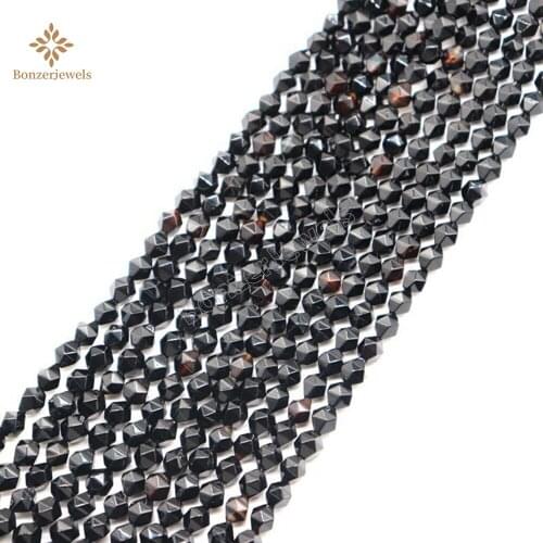 Natural Diamonds Faceted Black Agates Stone Star Cut Polygon Beads Loose Strand 6/8/10MM For Jewelry Making Charm DIY Necklace