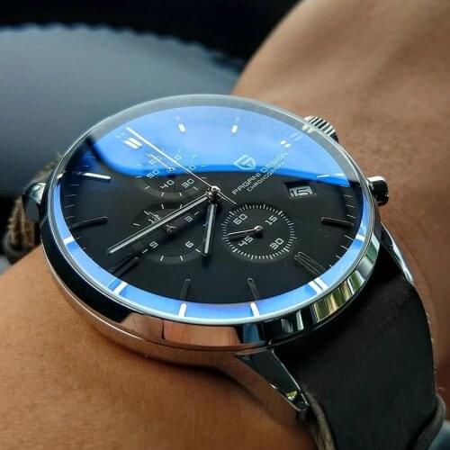 PAGANI DESIGN Quartz Sport Waterproof 100M Watches Top Luxury Chronograph Fashion Genuine Leather VK67 Automatic Date Men watch