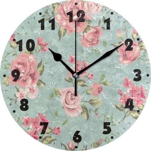 Vintage Flowers Print Round Digital Wall Clock Battery Powered Non-ticking Silent Wall Watch For Bedroom Living Room Decoration
