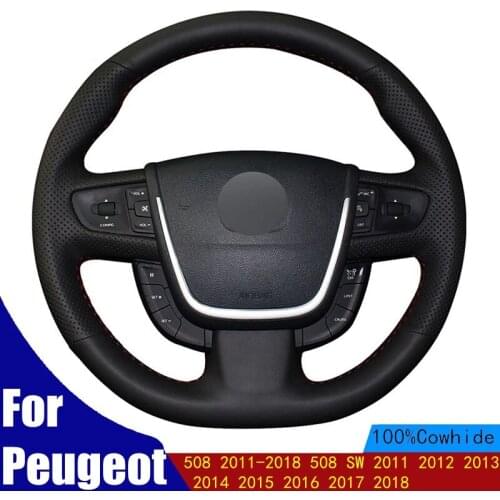 Car Steering Wheel Cover Black Genuine Leather For Peugeot 508 2011-2018 508 SW 2011 2012 2013 2014 2015 2016 2017 2018