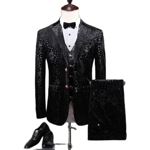 Jacket + Vest + Pants ) Groom Wedding Dress Leopard Black Stage Performance Mens Suit 3 Pcs Set Velveteen Male Business Suit