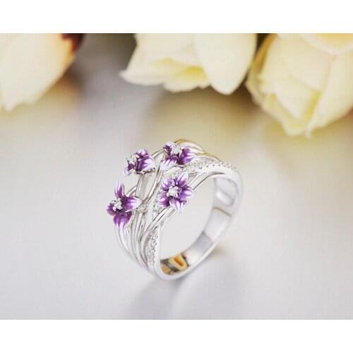 Trendy White Crystal Engagement Ring Luxury Female Boho Enamel Purple Flower Ring Charm Silver Color Big Wedding Rings For Women