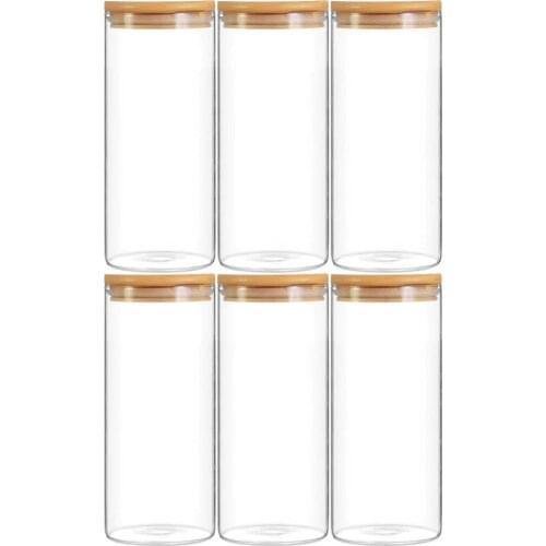 6'lı Set Bambu Kapaklı Kavanoz Baharatlık Vakumlu BORCAM Mutfak Saklama Gıda Konteyner Cam Depolama