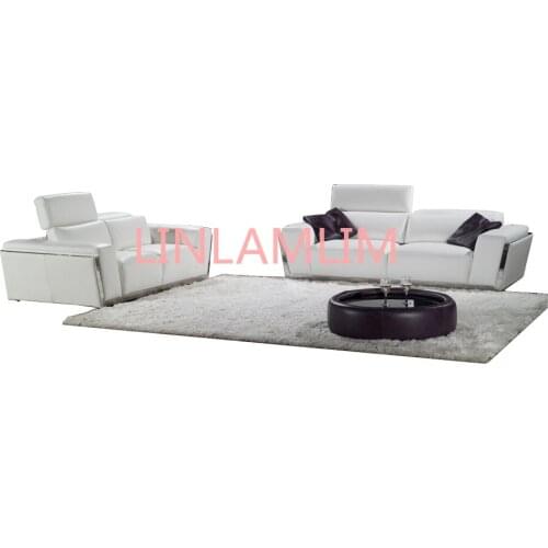 Living room Sofa set L shape corner genuine leather couch Nordic with stainless steel decration and functional headrests muebles